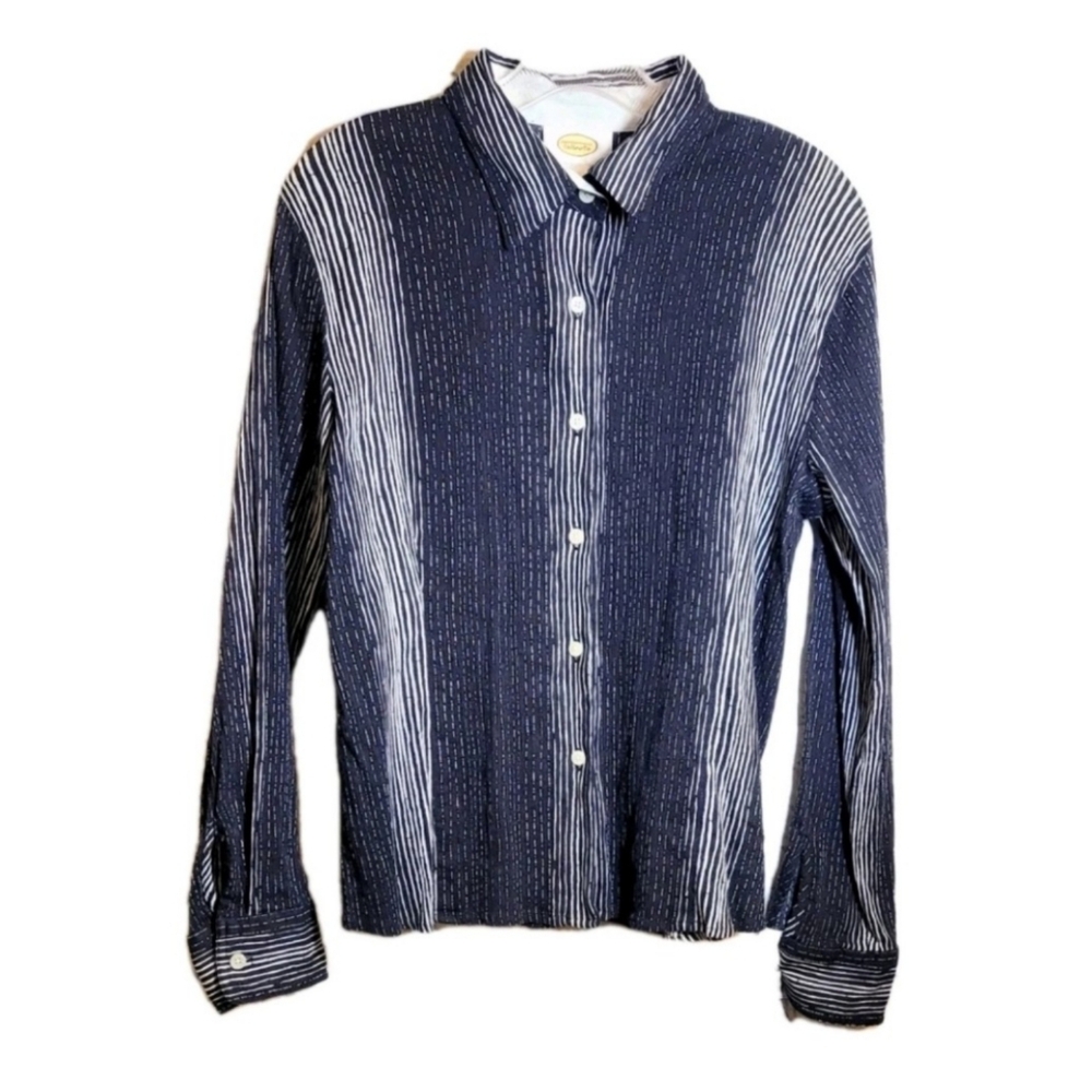 Talbots Black White Textured Striped Shirt Button Up Size M Long Sleeve Top